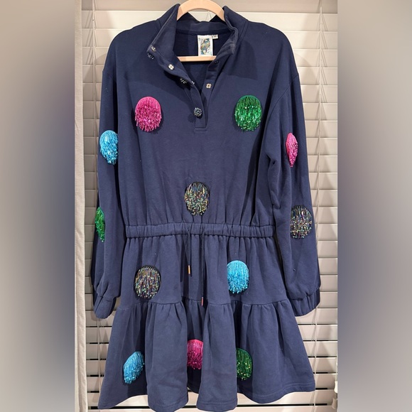 QUEEN OF SPARKLES Dresses & Skirts - QUEEN OF SPARKLES OG Navy Sweatshirt Dress with Colorful Sequin Dots
